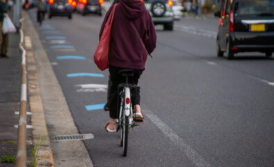 Fototapeta premium 車道上の自転車レーンを走行する自転車