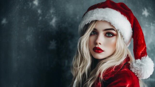 M&egrave;re No&euml;l blonde au regard intense portant un manteau rouge et un bonnet de No&euml;l en velours avec fourrure blanche, fond sombre avec flocons discrets dans une ambiance hivernale et festive de No&euml;l