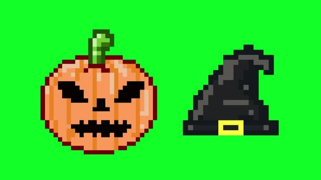 Halloween pixel art animation with a pumpkin and a witch's hat on a green background, art, vintage.