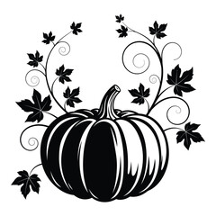 Stylized black and white pumpkin vector illustration with decorative autumn leaves and swirling vines, perfect for harvest festival designs and halloween graphics.