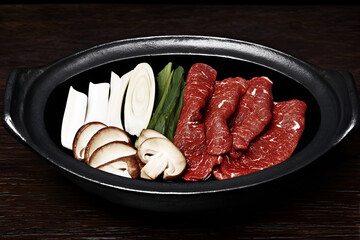 Fresh beef slices, mushrooms, and vegetables arranged in hotpot dish, ready for cooking