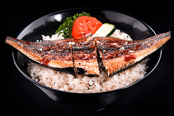 Grilled eel on rice with sweet sauce, garnished with vegetables, creates delightful dish