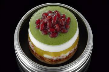 Delicious matcha parfait with layers of cream, jelly, and red bean topping, perfect for dessert