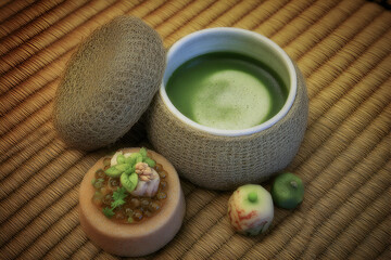Serene matcha tea ceremony featuring delicate wagashi sweets in traditional tatami room