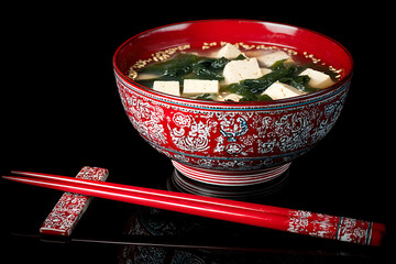 Miso soup with tofu and seaweed in traditional lacquer bowl, served with chopsticks