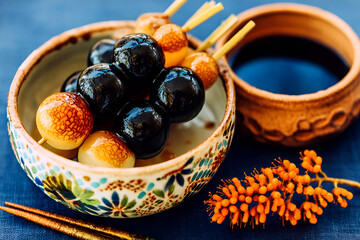 Mitarashi dango skewers with sweet soy glaze in decorative bowl, vibrant colors evoke joy