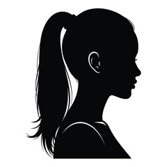 Silhouette of a young woman's head and shoulder in profile, with a high ponytail, facing right, depicting beauty, elegance, and feminine grace, isolated on white.