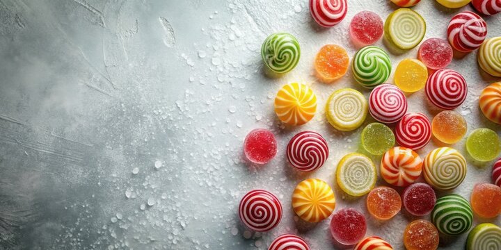 A delightful assortment of colorful, swirled hard candies and jelly sweets rests on a textured, light gray surface.