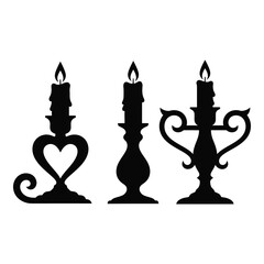 Collection of three elegant candle silhouette designs, featuring a heart-shaped candlestick, a classic taper holder, and an ornate scroll candelabra with flickering flames.