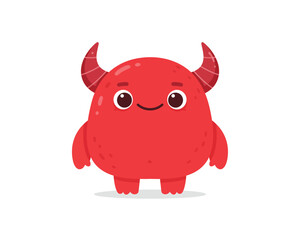 Adorable and friendly red cartoon monster with cute horns and big eyes standing on white background