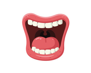 Naklejka premium Cartoon illustration of a wide open mouth with bright white teeth and a pink tongue expressing extreme surprise or laughter