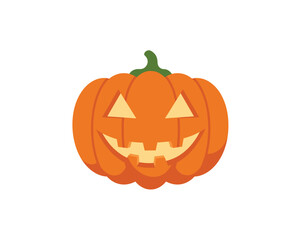 A classic carved halloween jack o lantern pumpkin with a friendly carved face glowing with light on a white background
