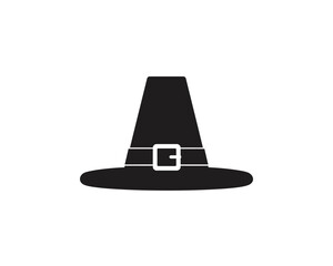 Simple black silhouette of a traditional pilgrim hat with a buckle isolated on a white background representing thanksgiving and historical themes