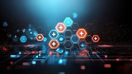 Obraz premium Futuristic Medical Hexagon Background with Glowing Plus
