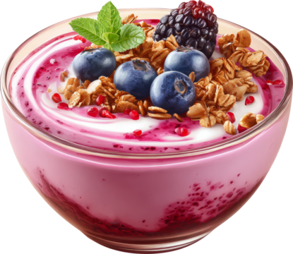 Berry yogurt parfait, granola, blueberry, blackberry, pomegranate, mint garnish