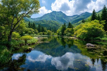 Serene natural landscape with tranquil water reflecting lush greenery and majestic mountains under partly cloudy sky, ideal for outdoor enthusiasts and nature lovers