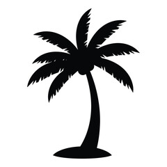 Silhouette of a tropical palm tree with lush fronds and a gently curved trunk, standing on a small island mound, perfect for summer, vacation, and nature design projects.