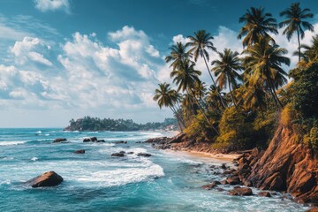 Serene beach landscape with palm trees and gentle waves under a partly cloudy sky, showcasing coastal greenery and inviting tranquility for nature lovers