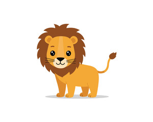 Cute cartoon lion standing confidently with a fluffy mane and a friendly expression isolated on a white background