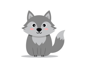 Adorable cartoon grey wolf character with fluffy tail and rosy cheeks sitting and looking forward with a friendly expression