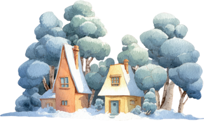 Snowy cottage winter forest cozy house pine tree watercolor scene