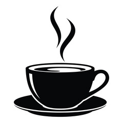 Steaming hot coffee or tea cup silhouette icon with a saucer, a simple black vector illustration representing breakfast, cafes, morning routine, and beverages.