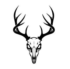A sharp, symmetrical black-ink design, reminiscent of a tribal tattoo, illustrates a deer skull with impressively large, curved antlers