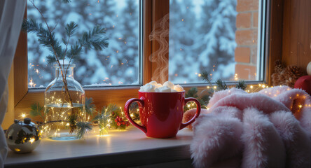 A cozy reading corner by the window with a Christmas tree, a warm blanket and a cup of hot cocoa.