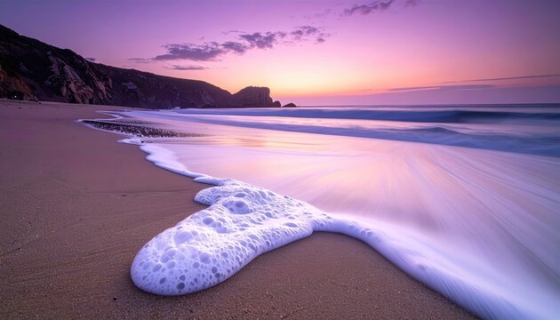 Sandy beach with foamy waves under a purple sunset sky with clouds and distant cliffs