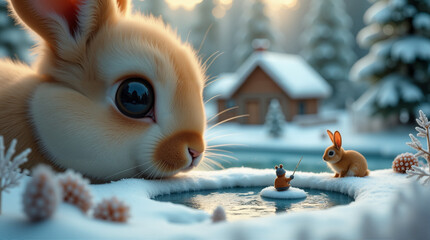 A rabbit in a magical snow-covered forest, surrounded by tall evergreen trees and gently falling snowflakes. Reflecting the spirit of the festive season is the concept of winter and Christmas holidays