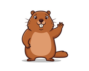 Cute cartoon groundhog waving hello with a friendly smile and prominent front teeth isolated on a white background