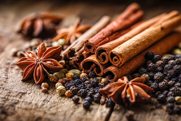 Aromatic cinnamon sticks, star anise, and mixed peppercorns arranged on rustic wooden surface showcasing warm spices for cooking and baking inspiration