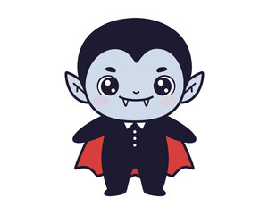 Adorable cartoon vampire character with big eyes and a red cape standing against a white background