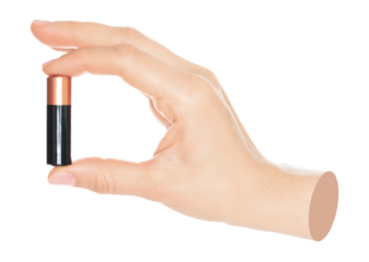 Woman hand holds battery, isolated on transparent background, energy batteries and energy saving concept. Contemporary art