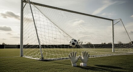 A soccer ball scores a goal in the net with goalkeeper gloves on the green field. Football game victory and sports competition concept
