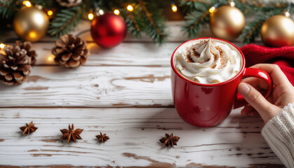 Close-up of a woman's hand holding a red mug with cocoa and whipped cream on a white background with Christmas decorations and fir twigs. Empty space