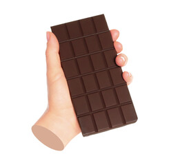 Woman hand holds chocolate bar, isolated on transparent background, sweet food concept. Contemporary art