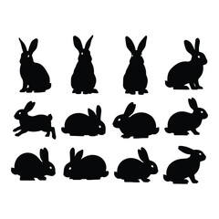 Collection of diverse rabbit silhouettes showcasing various dynamic and static poses, perfect for easter, wildlife, pet, and nature-themed designs or graphic elements.