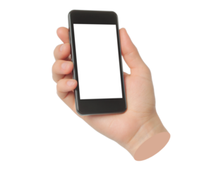Hand holds smart phone, isolated on transparent background, technology and gadgets concept. Contemporary art