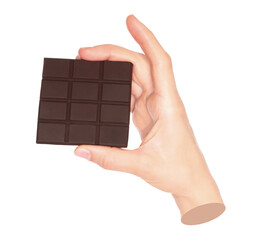 Woman hand holds chocolate bar, isolated on transparent background, sweet food concept. Contemporary art