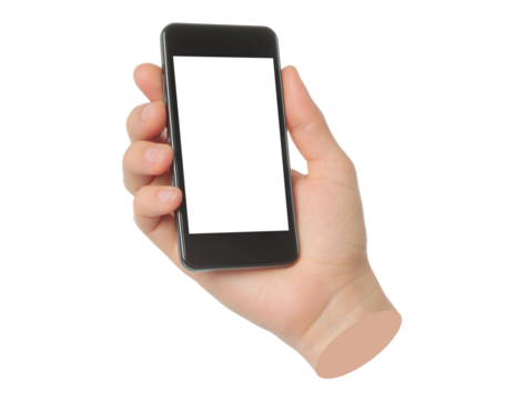 Hand holds smart phone, isolated on transparent background, technology and gadgets concept. Contemporary art - Powered by Adobe