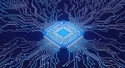Futuristic Blue Circuit Board with Central Processor Chip Glowing Brightly Illustrating Advanced Technology and Digital Innovation