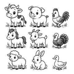 Cute farm animals vector set, hand-drawn cartoon-style livestock illustration for children’s design and educational materials