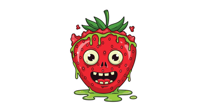 A cartoon illustration of a zombie strawberry with dripping green slime and a spooky face.