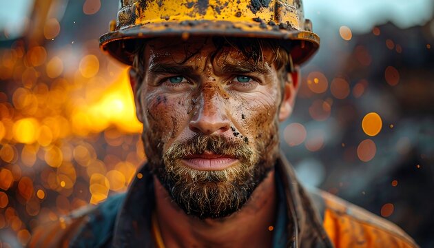 Portrait of a weathered, hard-working individual with a dirty face and helmet, staring intently at the viewer. Sparks and bokeh surround