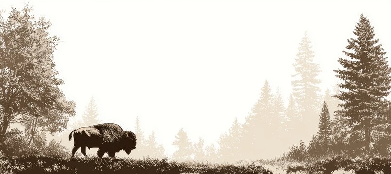 American bison at forest. Copy space for text and advert. Generative video AI technology.