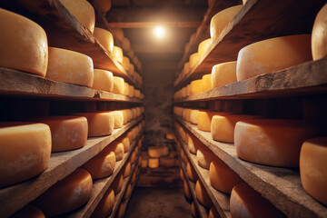Fototapeta premium Hard cheese aging in a traditional cellar on wooden shelves, warm natural light highlighting texture, craftsmanship, and time-honored tradition