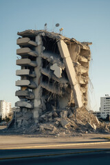 Urban building collapse and demolition with sunlight streaming through concrete ruins