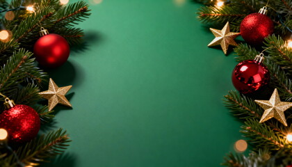 Christmas Background with Red Baubles, Golden Stars, and Fir Branches
