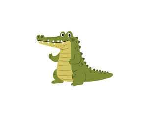 Cute cartoon alligator smiling and waving its hand in a friendly gesture on a white background